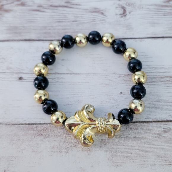 Vintage Stretch Bracelet Black & Gold Tone - Fair Condition - Picture 1 of 6